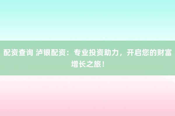 配资查询 泸银配资：专业投资助力，开启您的财富增长之旅！